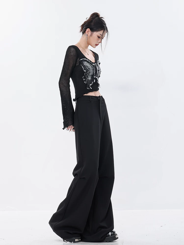 Quần âu lưng cao màu đen thiết kế độc đáo của ABWEAR dành cho nữ, quần ống loe dáng dài dành cho nữ, quần ống rộng dáng rộng giúp thon gọn