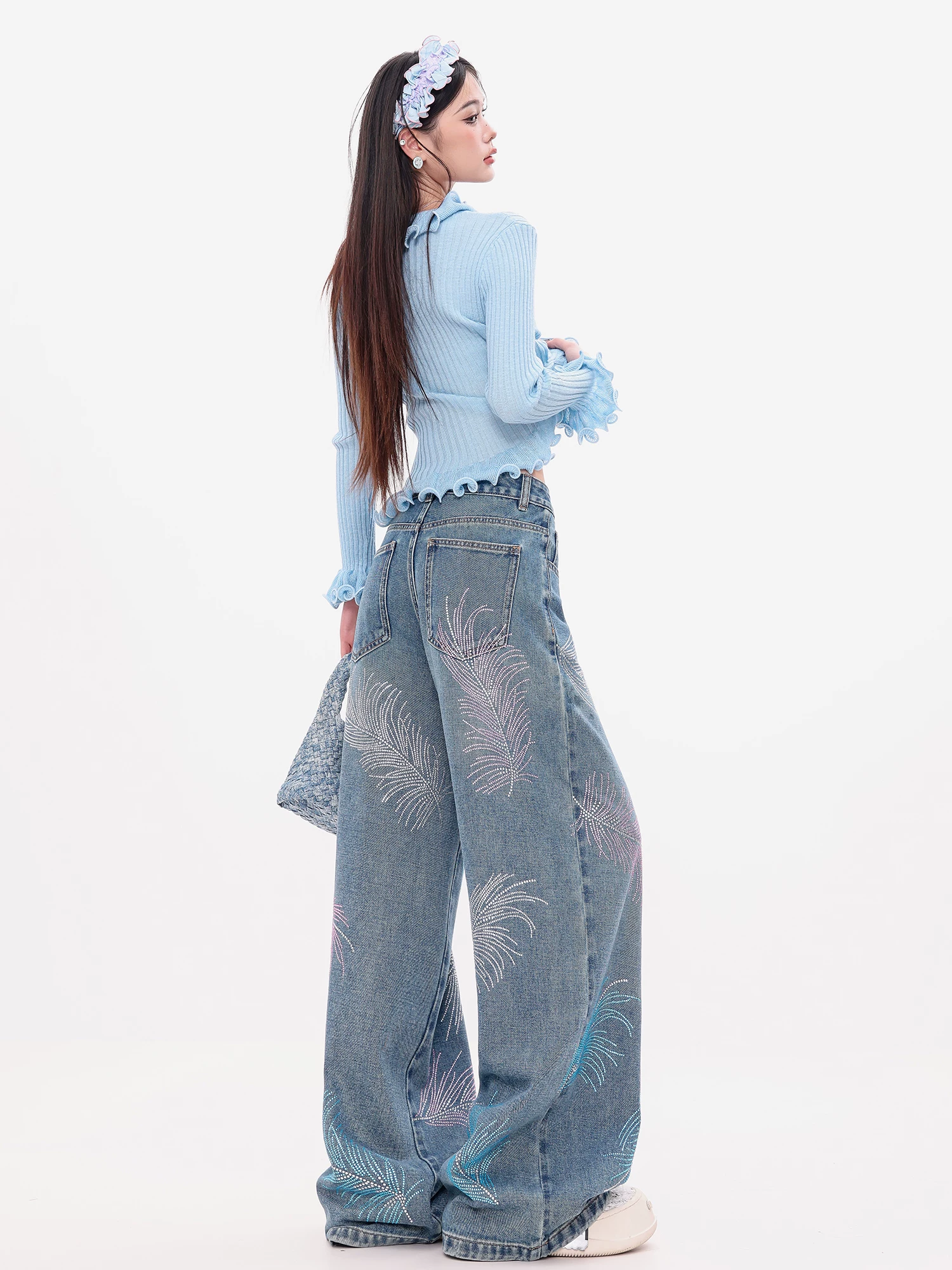 ABWEAR Dazzling Galaxy - Quần jean ống thẳng đính đá nhiều màu sắc nguyên bản dành cho nữ, quần ống rộng dáng rộng đính đá hình chiếc lá