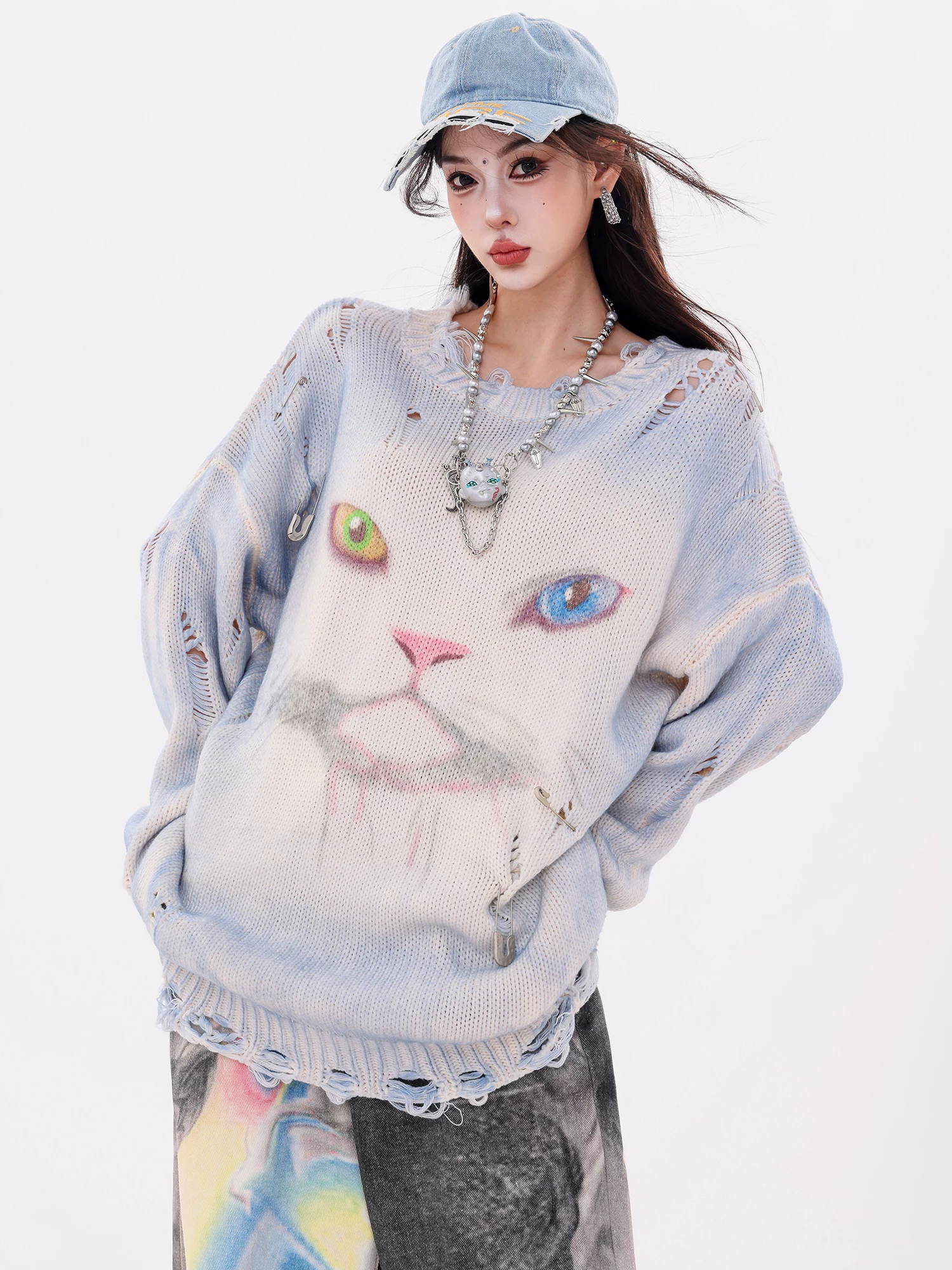 ABWLR Cat Messenger - Áo len hình mèo nguyên bản dành cho nữ, phong cách mùa thu mới, áo dệt kim dáng rộng và phong cách lười biếng.