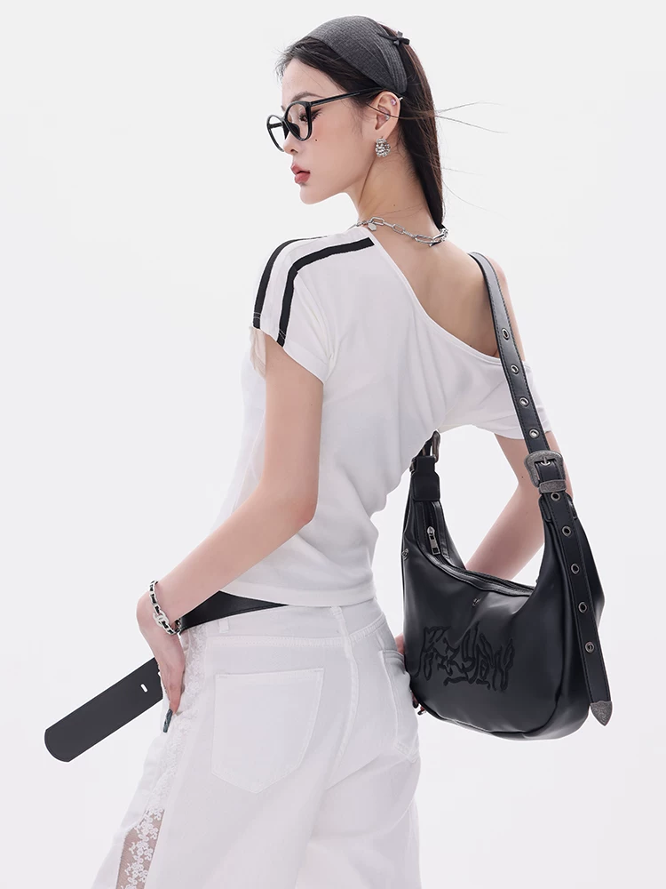 ABWEAR Meigao Diary - Áo thun ngắn tay rỗng bất đối xứng nguyên bản dành cho nữ với thiết kế chắp vá, kiểu dáng ôm sát và tôn dáng