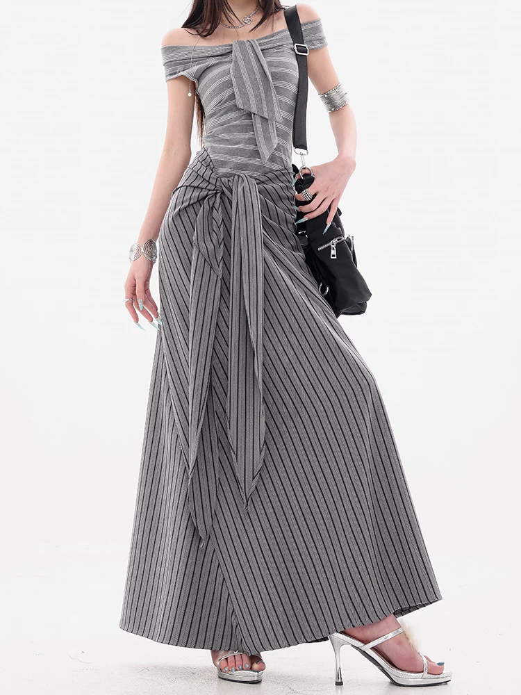 ABWEAR Váy chắp vá sọc phong cách Anh quốc dành cho nữ, váy dài buộc dây dáng rộng mới cho mùa thu