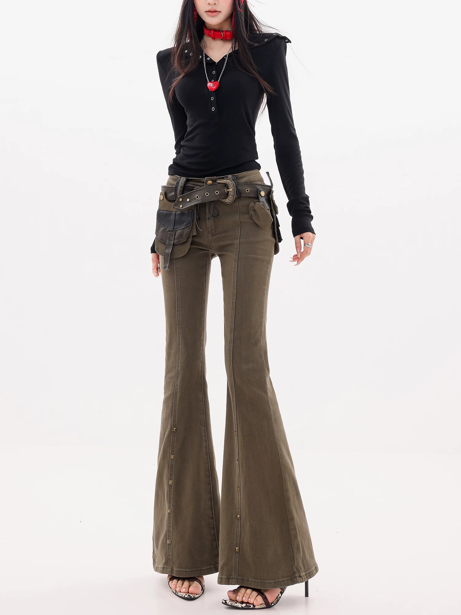 ABWLR Rebel Street-Quần jean công sở đinh tán cổ điển phong cách retro dành cho nữ, quần ống loe phong cách thu đông mới