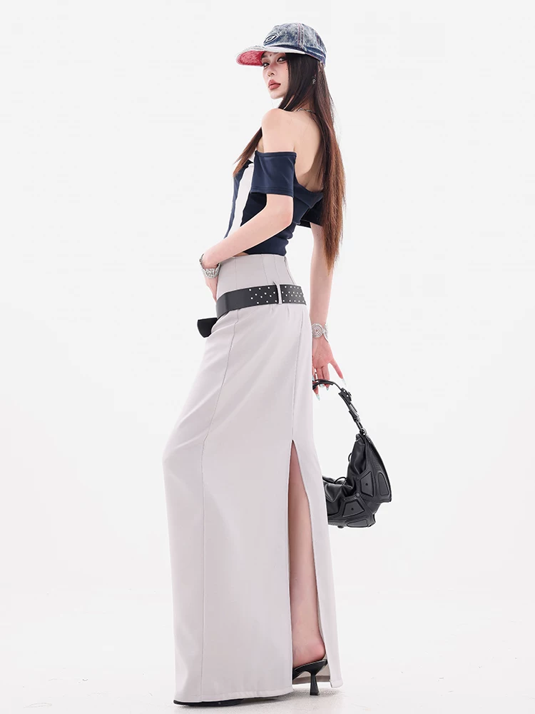 ABWEAR Modern Night - Váy xếp nếp màu xám nguyên bản dành cho nữ, Váy dài dáng rộng mùa thu mới có thắt lưng
