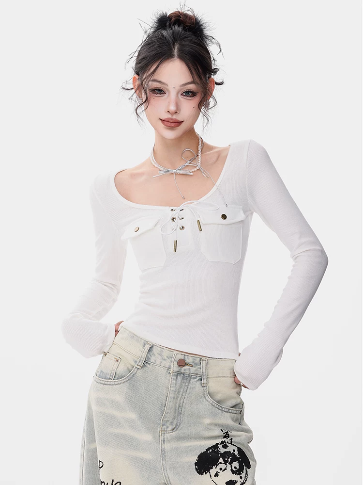 ABWEAR Tiếng bí mật của người Ba Tư - Áo thun dài tay màu trắng nguyên bản dành cho nữ, thiết kế thắt lưng gợi cảm, áo lót