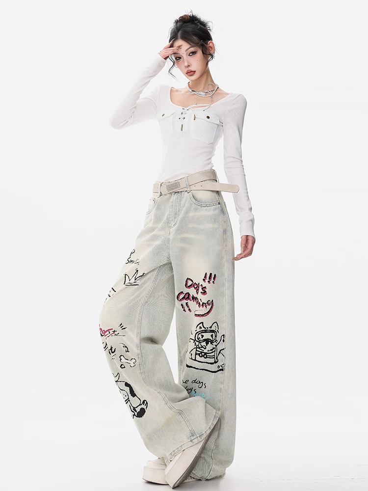 ABWEAR Puppy Party-Quần jean graffiti hoạt hình nguyên bản dành cho nữ 2025 Đầu thu mới Quần ống rộng dáng rộng