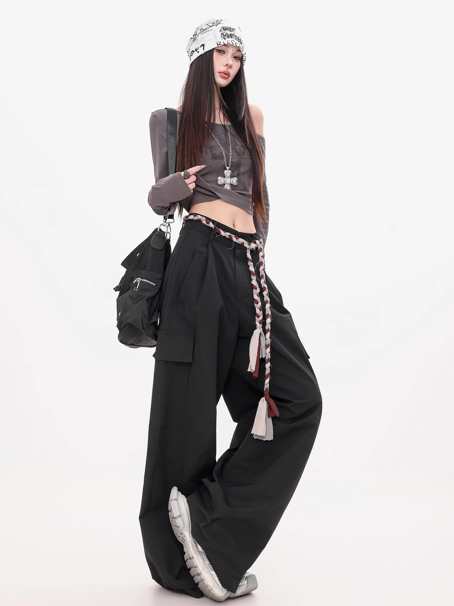 ABWEAR Ivy Love - Quần cargo đen nguyên bản dành cho nữ, dáng rộng, tôn dáng, đa năng, quần ống rộng dài đến sàn, phong cách giản dị