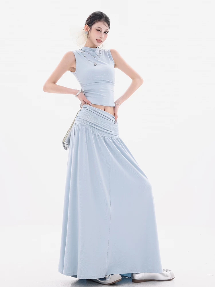ABWEAR Summer Peach - Bộ hai mảnh áo không tay kiểu Hàn Quốc nguyên bản với váy ôm eo ôm hông dành cho nữ