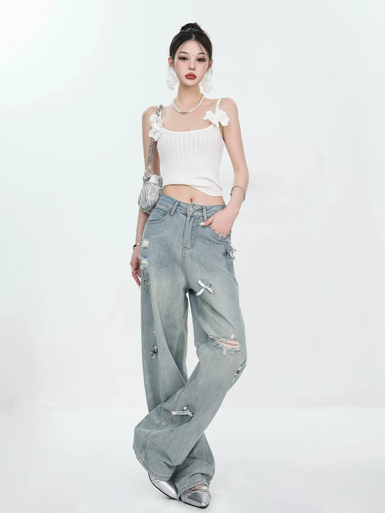 Quần jean ống rộng kiểu dáng vintage màu sắc cổ điển, thiết kế nơ mùa hè mới của ABWEAR dành cho nữ, mỏng và tôn dáng.