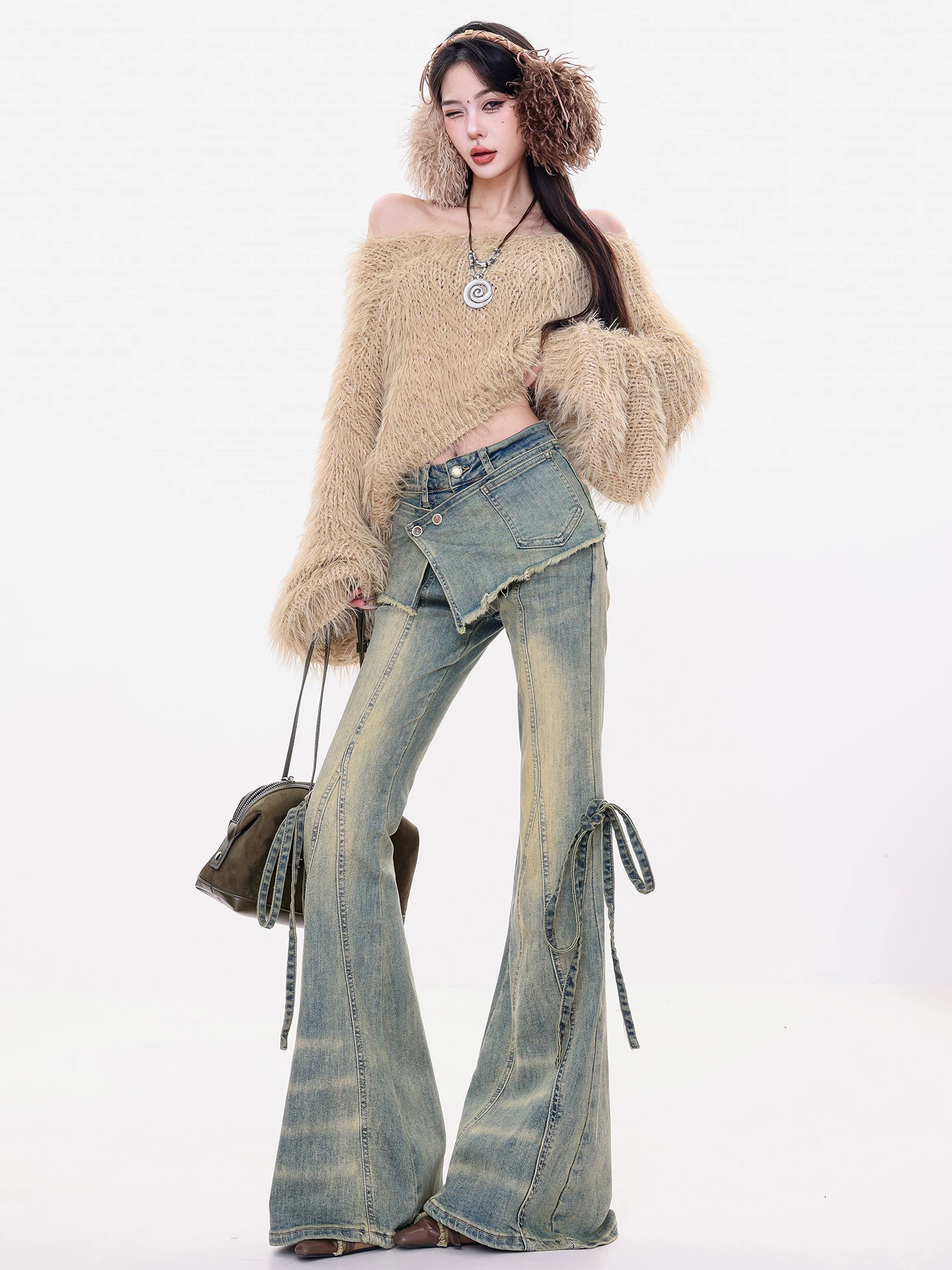 Quần Jeans ABWLR Layered Party - Quần Jeans Vintage Giặt Mài Nguyên Bản Cho Nữ, Cạp Cao, Lót Lông Cừu, Dáng Quần hơi loe