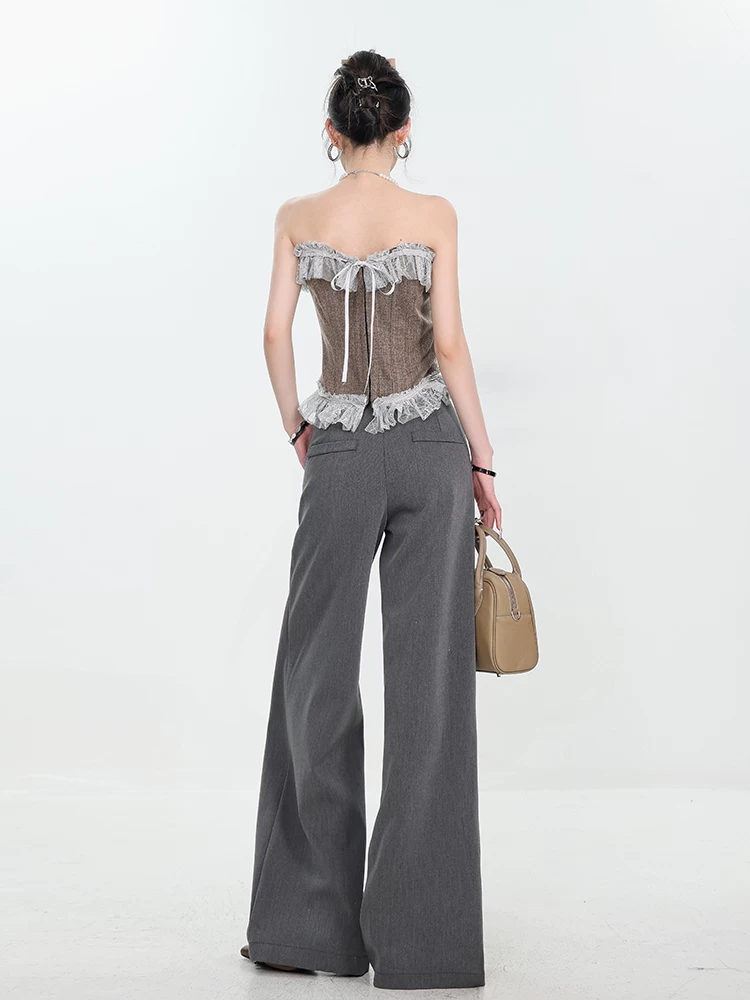 Quần dài thiết kế phối ren màu xám nguyên bản của ABWEAR dành cho nữ, quần ống rộng dáng rộng mùa thu đông