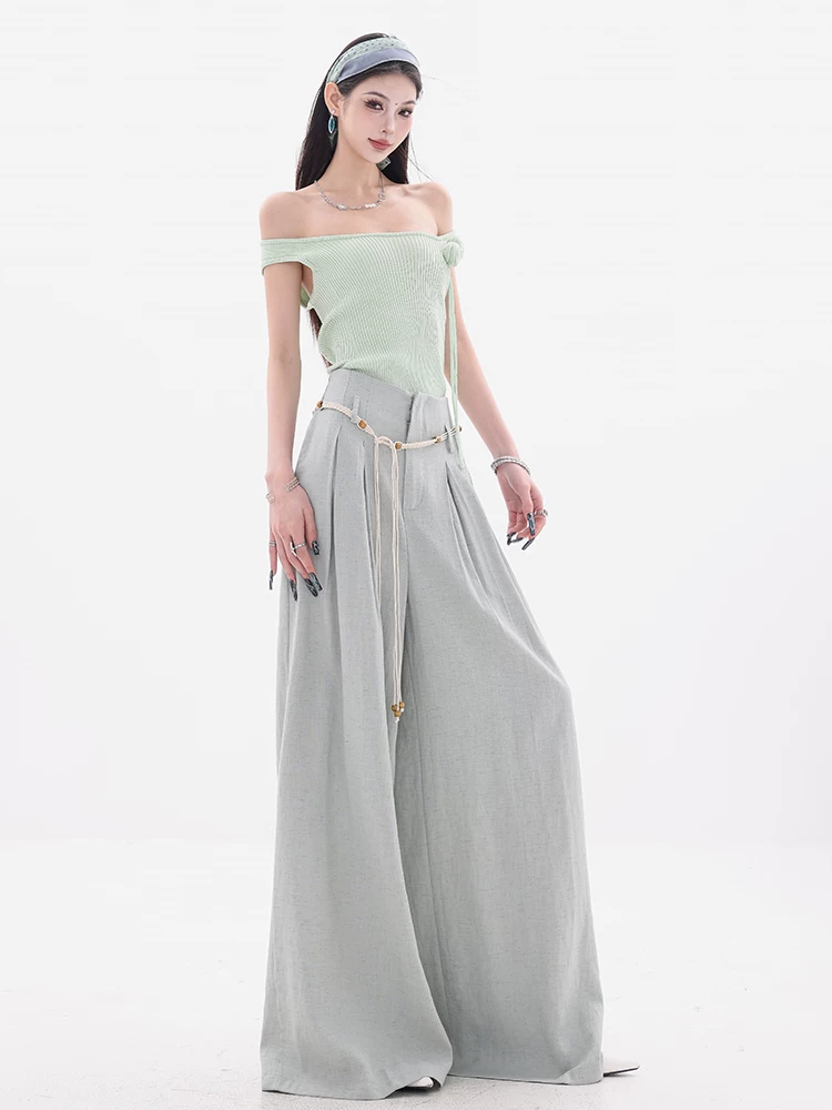 ABWEAR Bangkok Market-Quần thường ngày bằng vải lụa băng Drapey chính hãng dành cho nữ, phong cách mùa hè mới, quần ống rộng rộng rãi và thoải mái