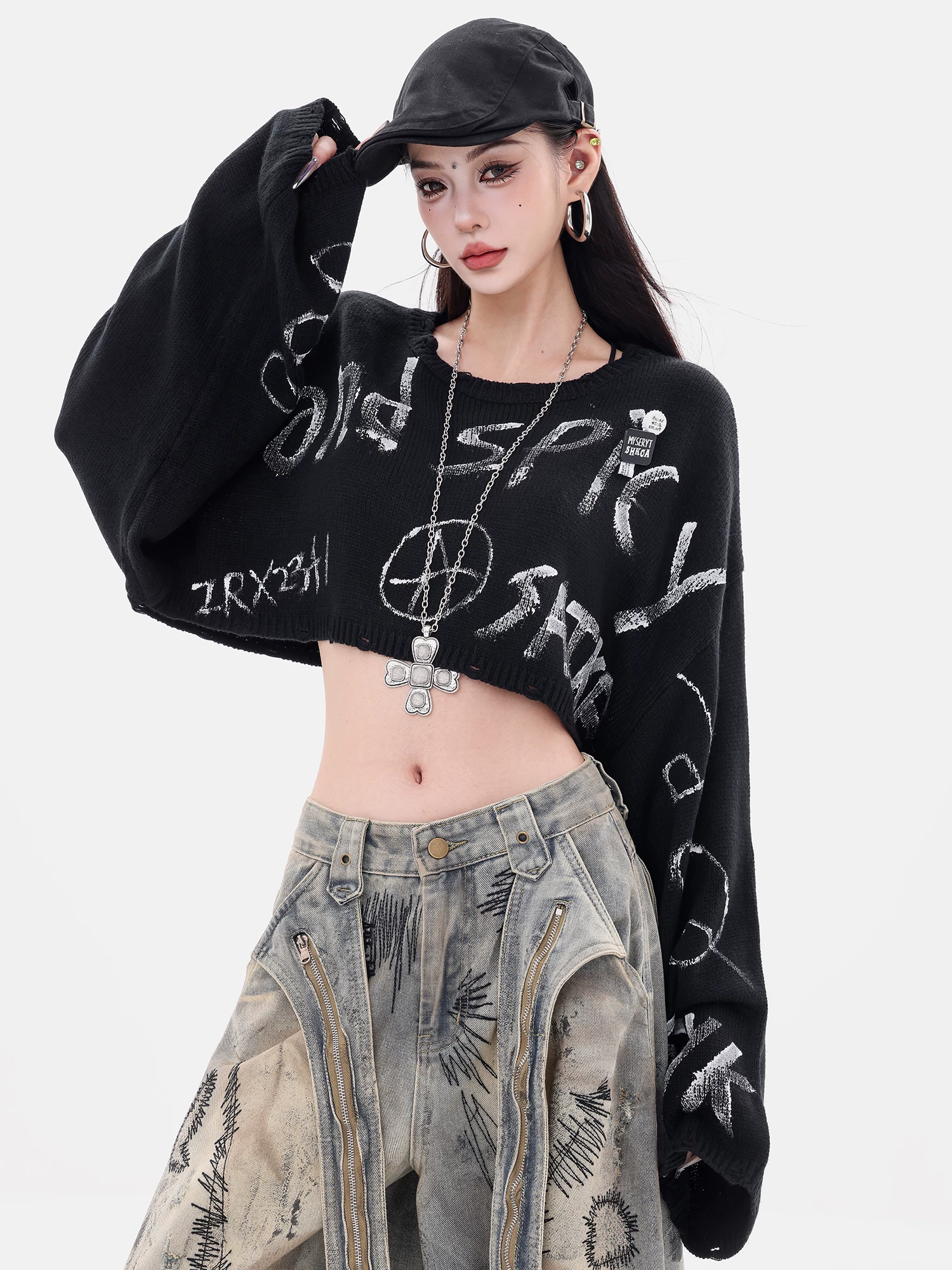 ABWEAR Letter Game - Trang phục đầu thu nguyên bản Áo len dệt kim Graffiti Áo len dài tay dáng rộng dành cho nữ