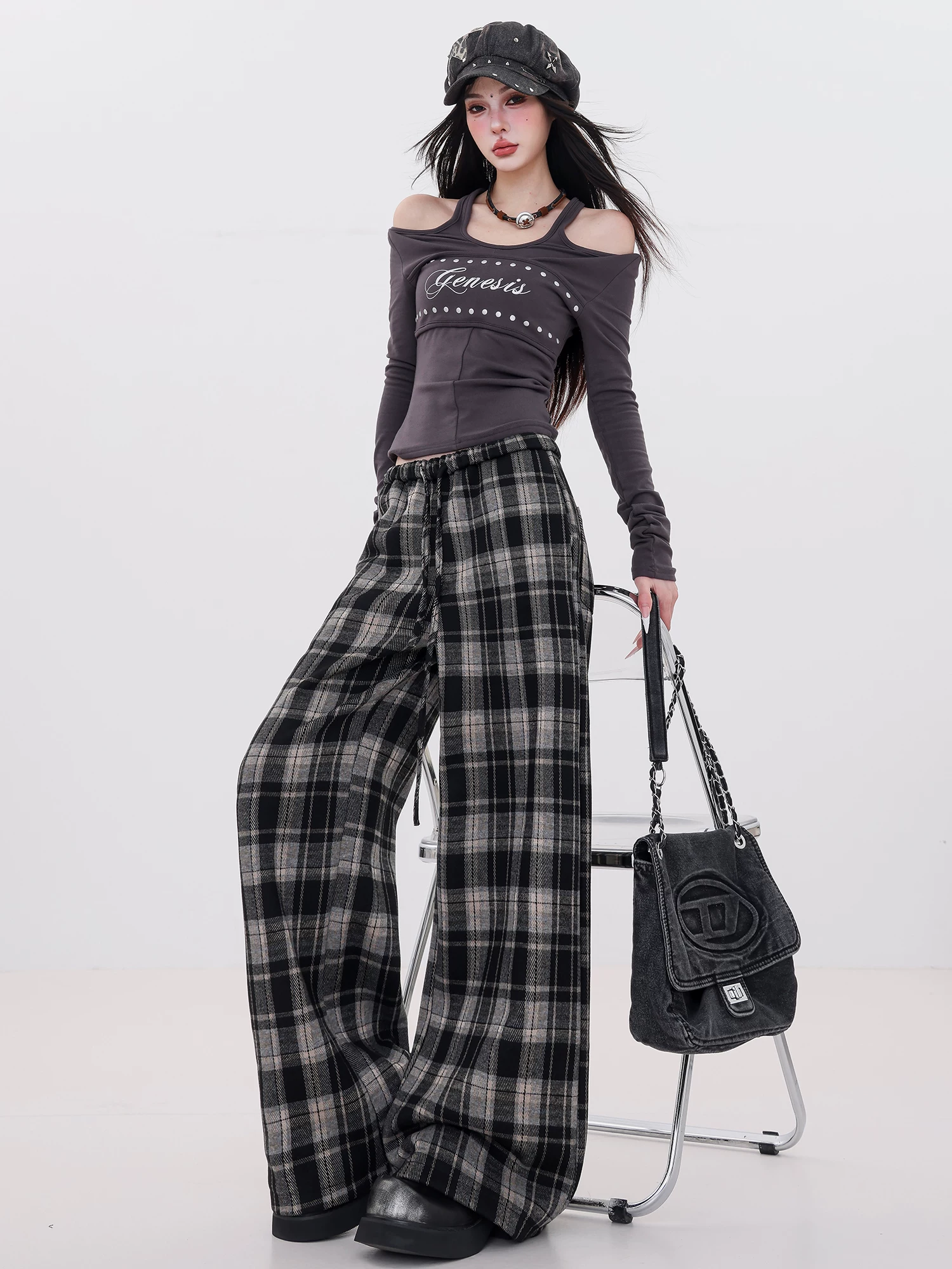 Quần ống rộng phong cách mùa đông ABWLR Velvet - Quần vải dạ kẻ ca rô lót lông cừu, kiểu dáng thường ngày dành cho nữ, mẫu mới 2025, đa năng, dáng thẳng