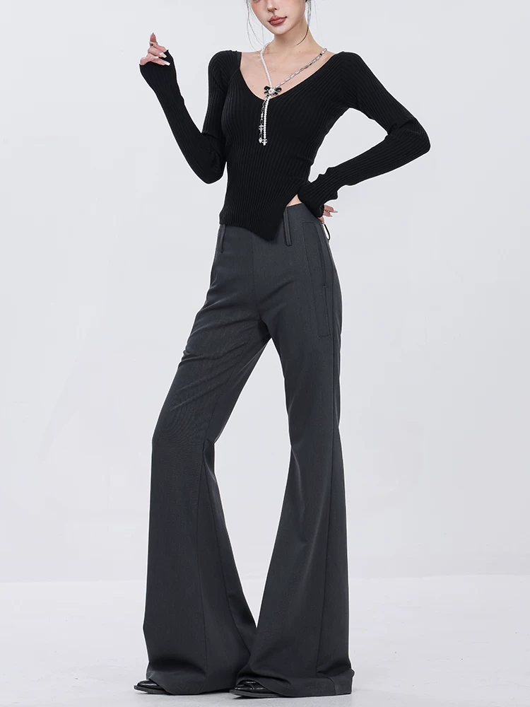 Quần âu nữ ABWEAR Xuân mới, cạp cao, kiểu dáng vintage, tôn dáng, ống loe, dài chấm đất