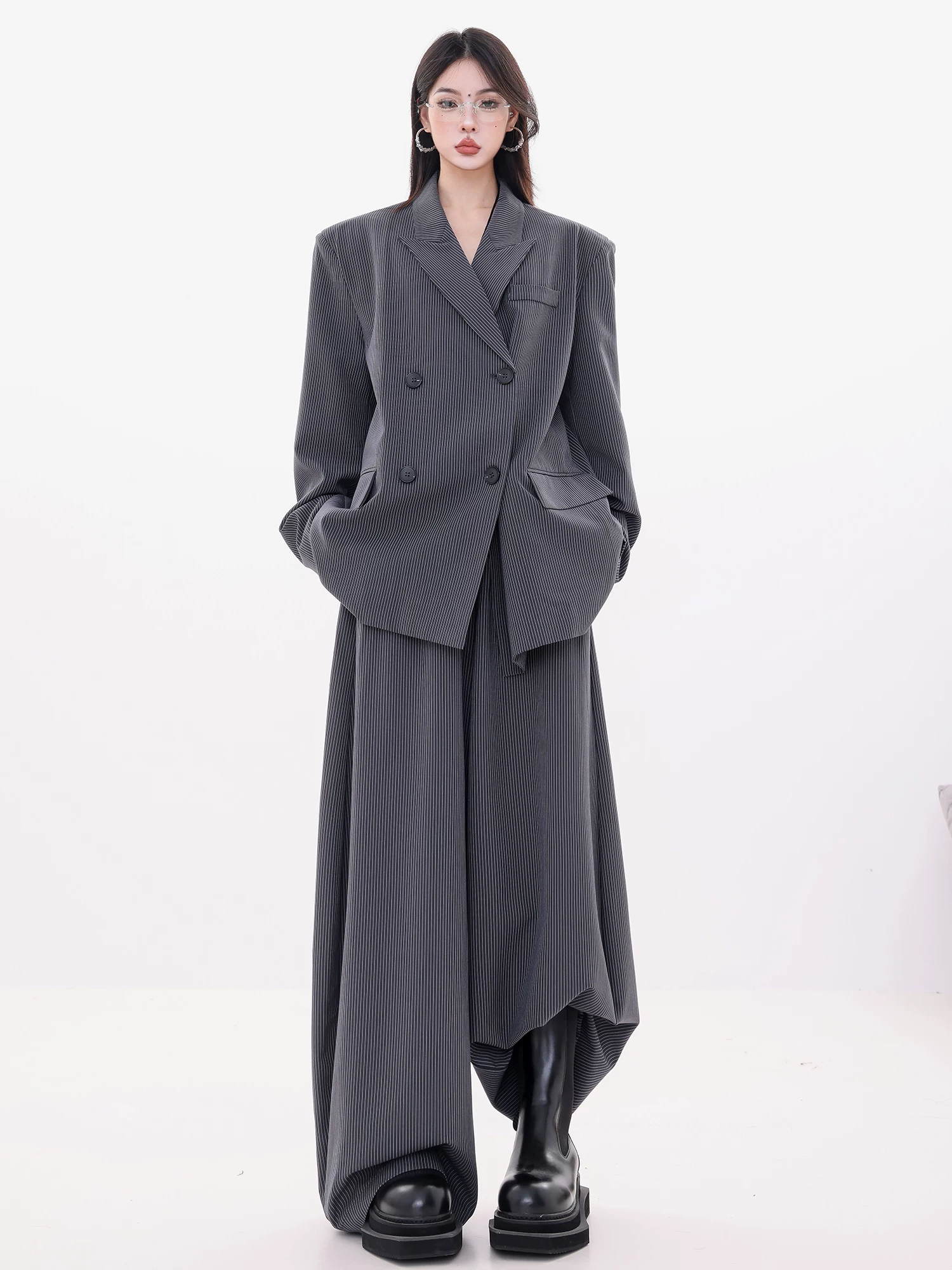 ABWLR Art Editor - Quần vest sọc cổ điển kiểu Mỹ nguyên bản dành cho nữ, Quần vest rộng rãi và đa năng Bộ hai mảnh