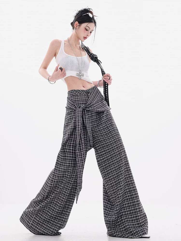 ABWEAR Ngược chiều của phong cách Anh - Thiết kế cà vạt không đều có kẻ sọc đen trắng nguyên bản Quần kẻ sọc Quần kẻ sọc ống rộng dành cho nữ