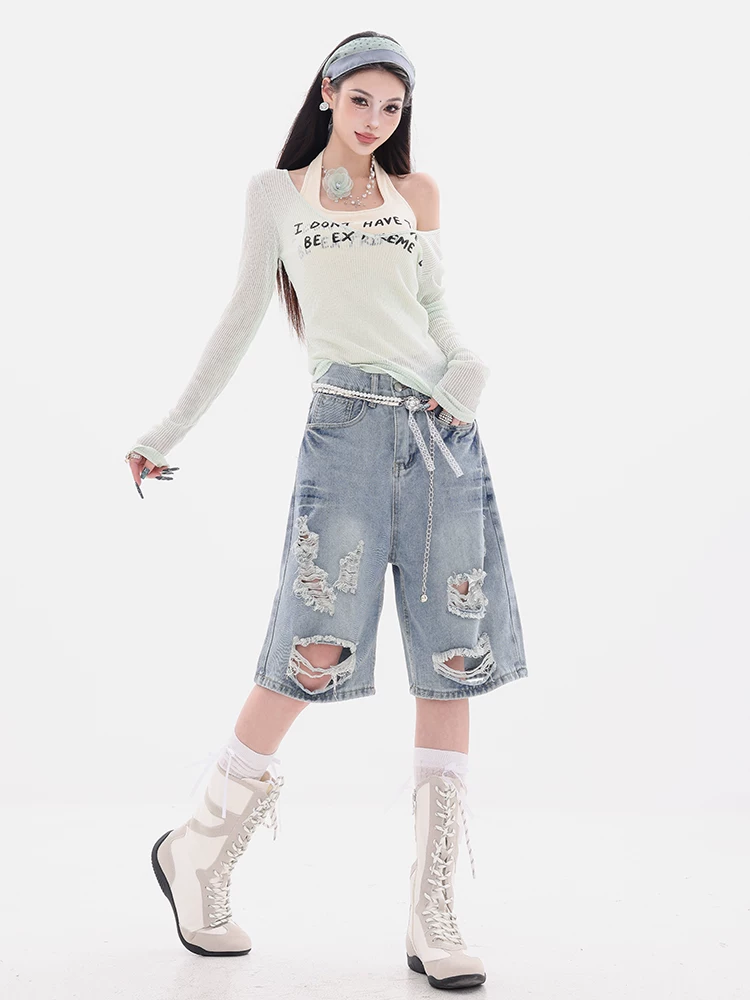ABWEAR Tropical Highway-Original Summer retro Blue Ripped Jeans Quần short dáng rộng mới dành cho nữ năm 2025