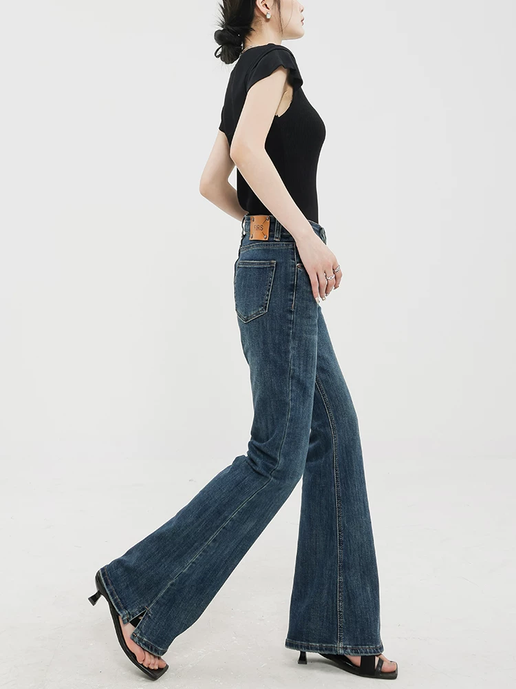 Quần jeans bootcut màu xanh đậm cổ điển ABWEAR dành cho nữ, thu đông 2025, kiểu dáng ôm sát, lót lông cừu, ống loe kiểu móng ngựa