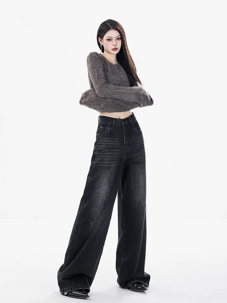 Quần jean màu xám cổ điển của Mỹ ABWEAR dành cho nữ 2023 quần ống rộng dáng rộng lưng cao mới