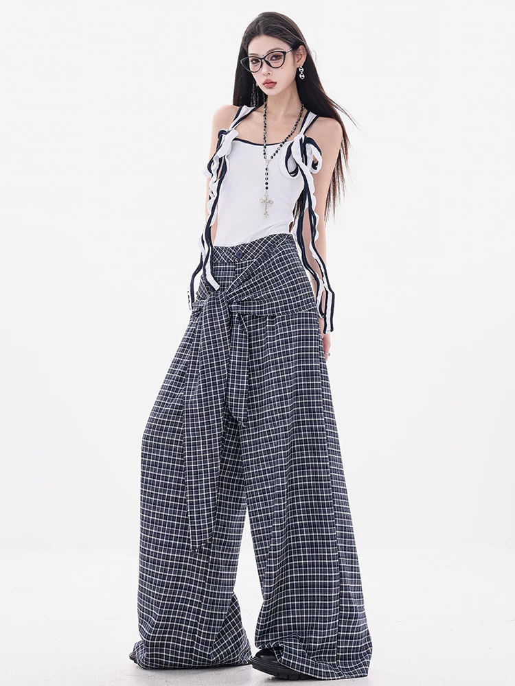 ABWEAR Ngược chiều của phong cách Anh - Quần thường ngày kẻ sọc xanh nguyên bản dành cho nữ với thiết kế dây buộc, dáng rộng, quần ống rộng dài đến sàn