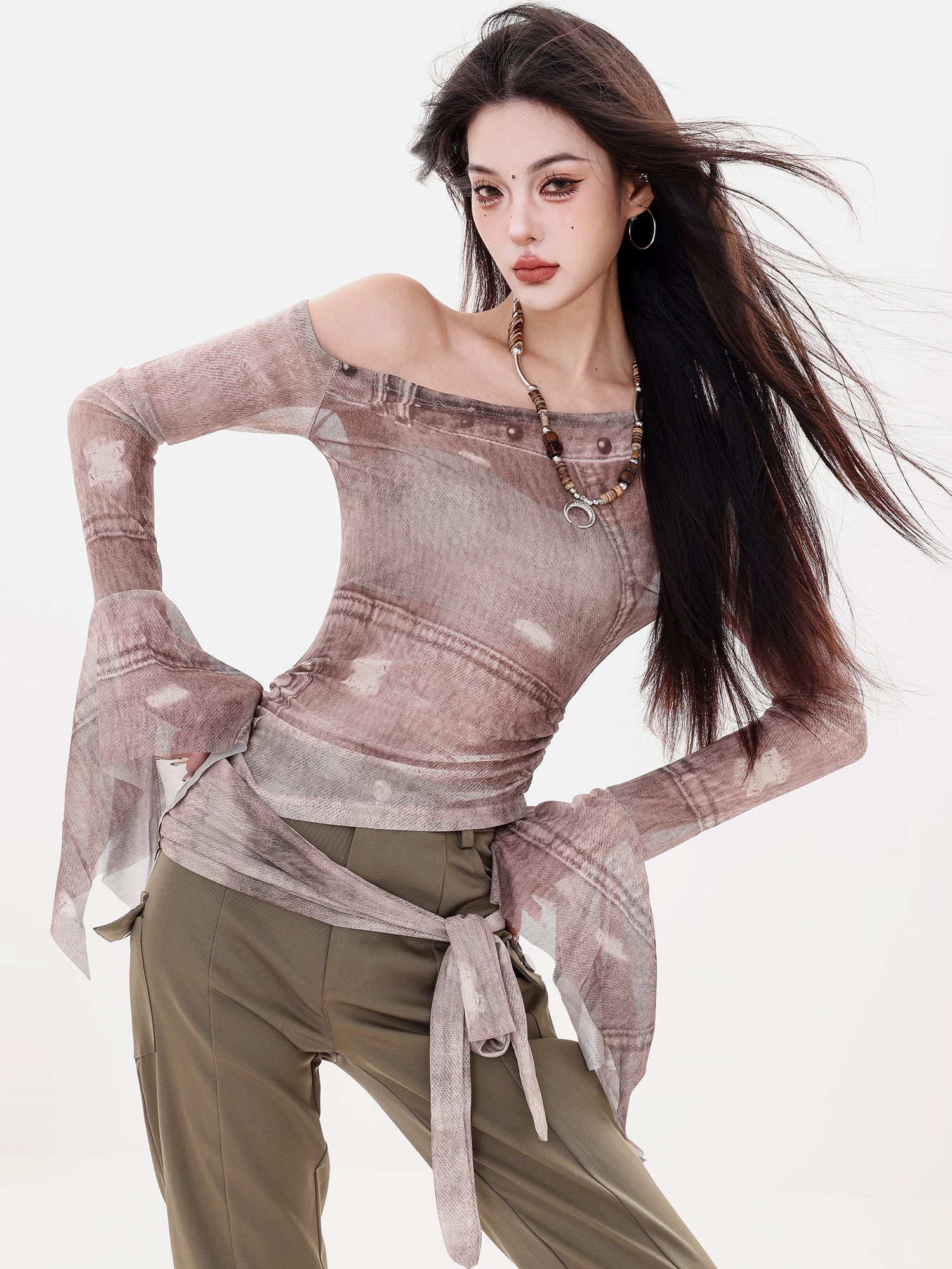 ABWLR Urban Illustrated - Thiết kế theo phong cách Hot Girl nguyên bản Áo thun dài tay lệch vai kiểu dáng ôm sát lưới dành cho nữ