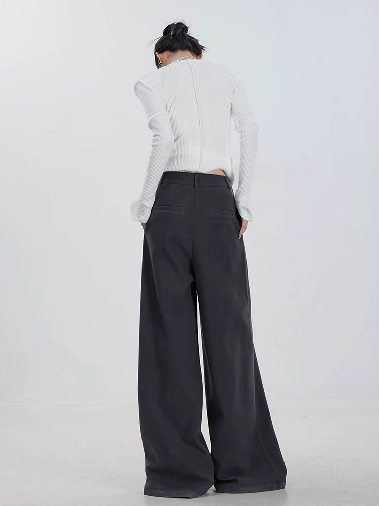 ABWEAR Urban Stroll - Quần thường ngày dày dặn bằng len màu xám nguyên bản dành cho nữ, quần ống rộng mùa thu đông với thiết kế ống thẳng xếp nếp