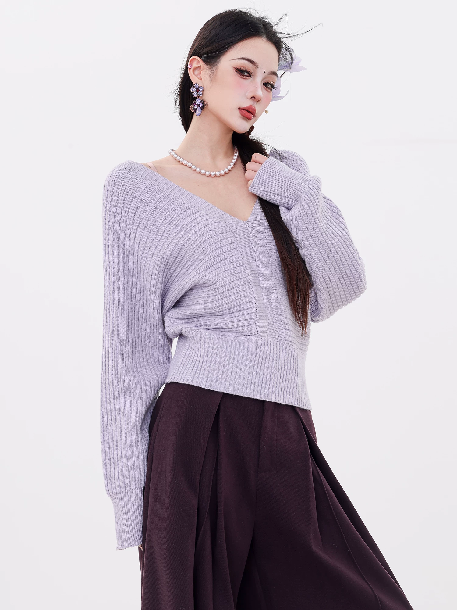 ABWLR Cinderella - Áo len dệt kim cổ chữ V kiểu Pháp nguyên bản dành cho nữ, dáng ôm, áo đa năng