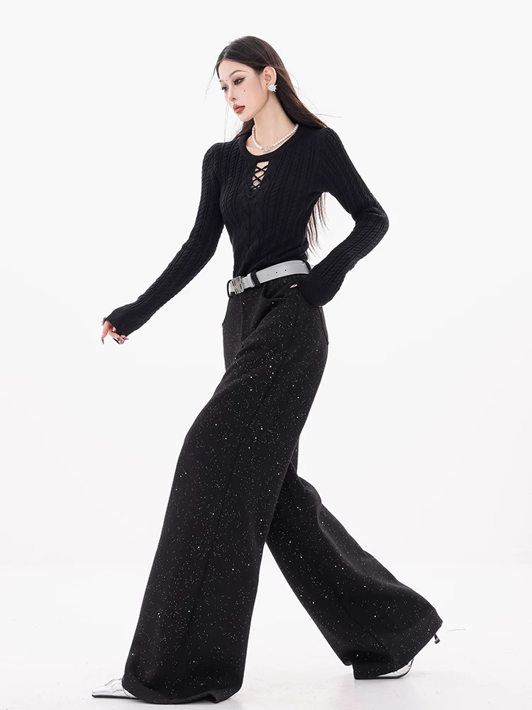 ABWEAR Saint Luo Moonlight-Quần len sequin màu đen nguyên bản dành cho nữ mùa thu đông 2024 Quần ống rộng thẳng