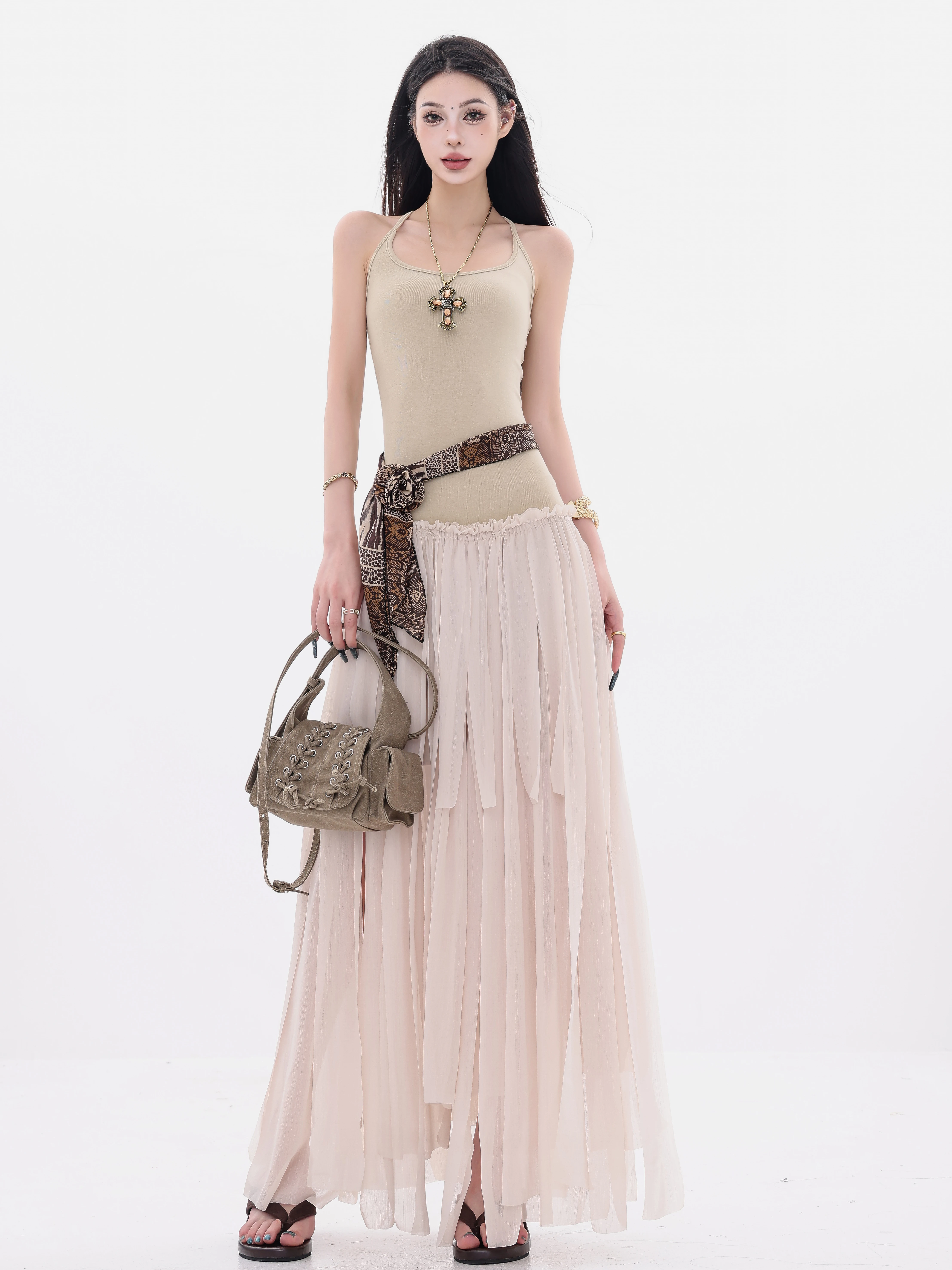 ABWEAR Inspiration Muse - Váy thiết kế ruy băng xếp ly không đều theo phong cách Hàn Quốc nguyên bản dành cho nữ, váy dài ôm eo