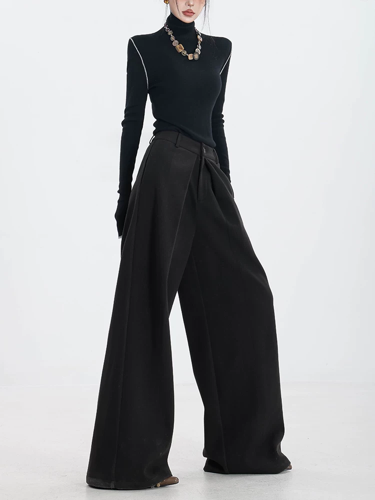 ABWEAR Urban Stroll - Quần ống rộng dày màu đen mùa thu đông Quần ống rộng dáng rộng xếp ly thiết kế quần âu