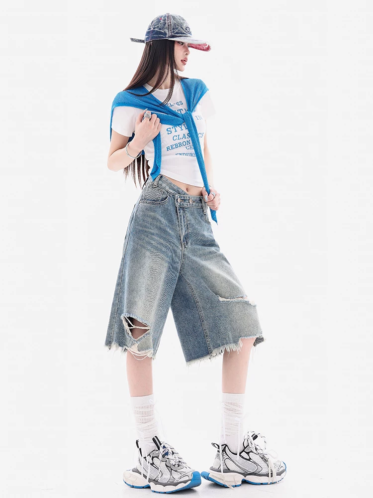 ABWEAR Sea Salt Soda - Quần short denim viền xù kiểu dáng cũ kỹ dành cho nữ, lưng cao, dáng rộng, quần short năm điểm dáng rộng giúp thon gọn