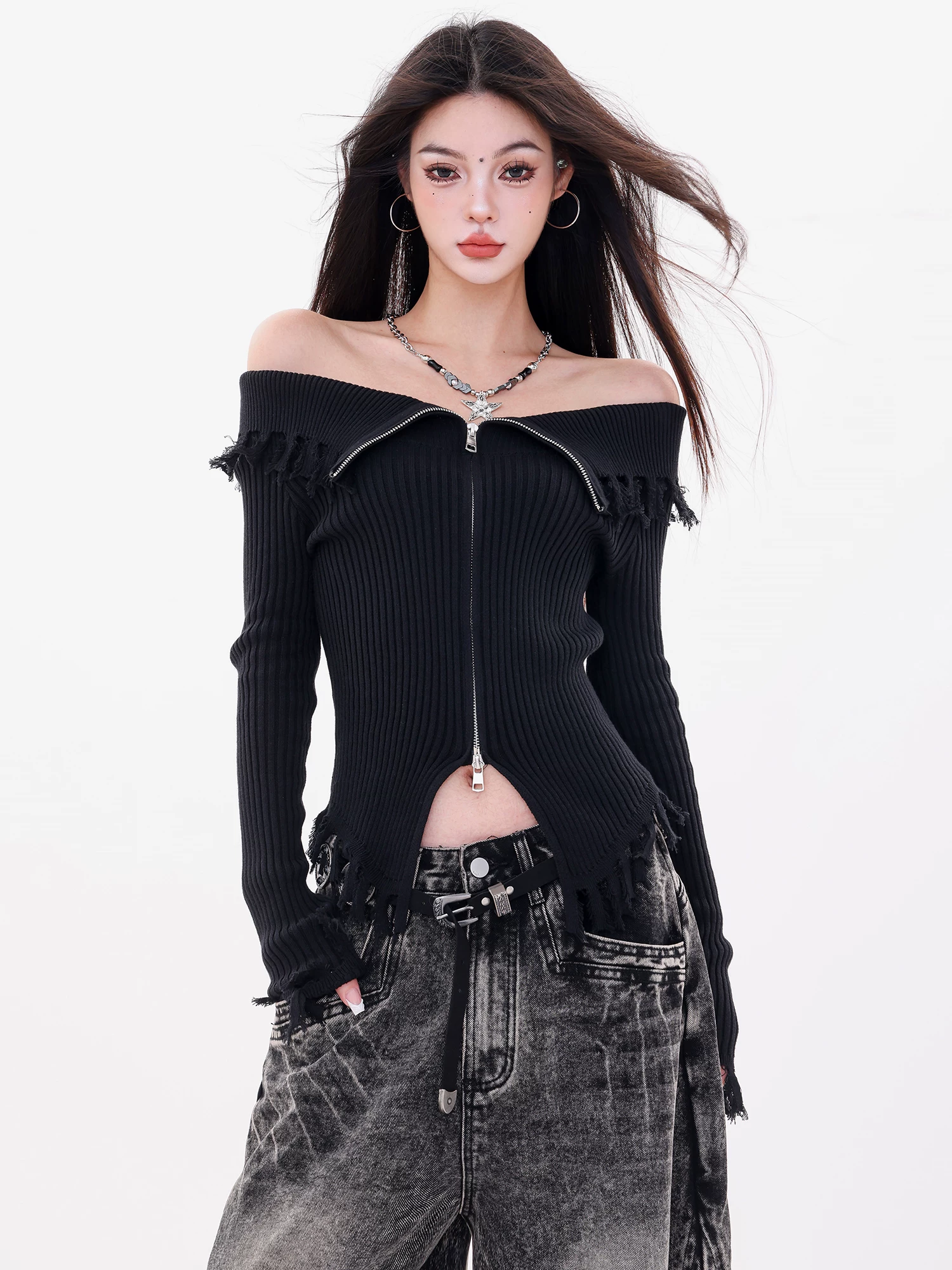 ABWLR Xidan Sand Dune-Original Hot Girl Style Áo len dài tay có cổ dành cho nữ mùa thu Áo có khóa kéo đôi Slim Fit
