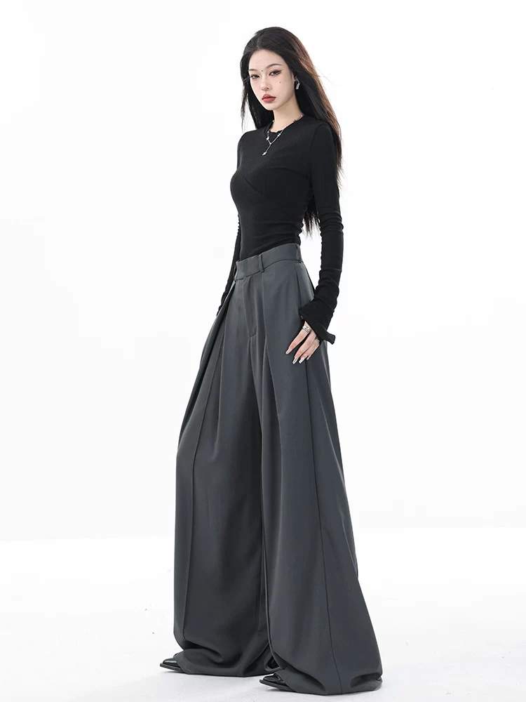 Quần âu nữ ABWEAR 2024 thu đông mới, màu xám, dáng rộng, suông, dài chấm đất, chất liệu mềm mại.
