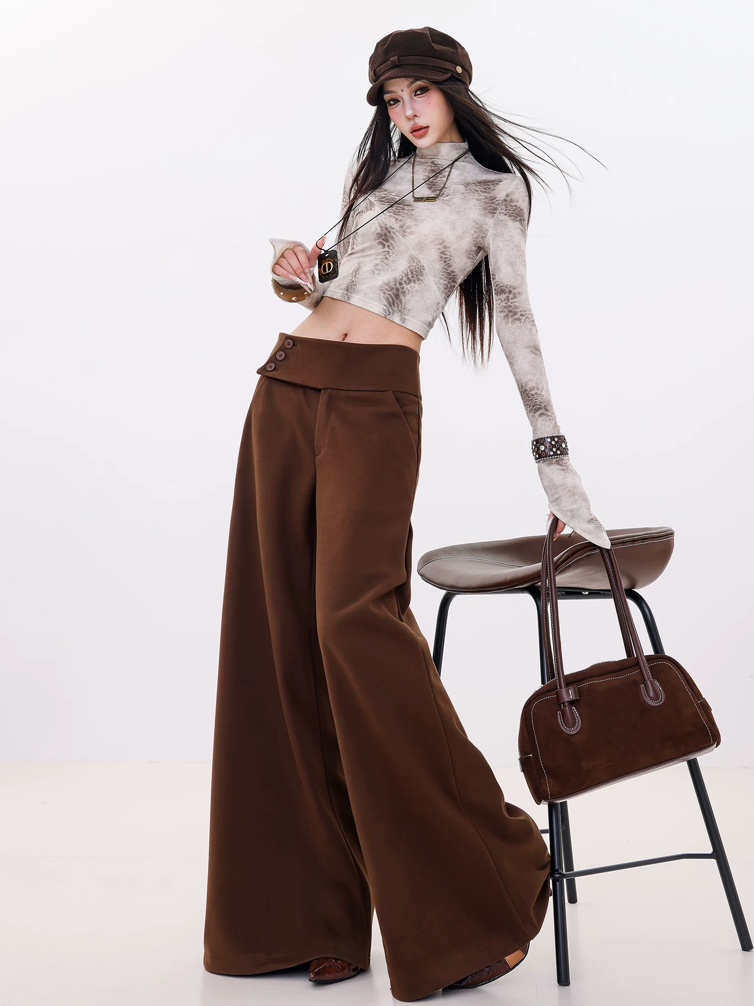 ABWLR Winter Chapter - Quần ống rộng bằng len Melard nguyên bản dành cho nữ, quần ống rộng dáng rộng lưng cao, quần thường ngày