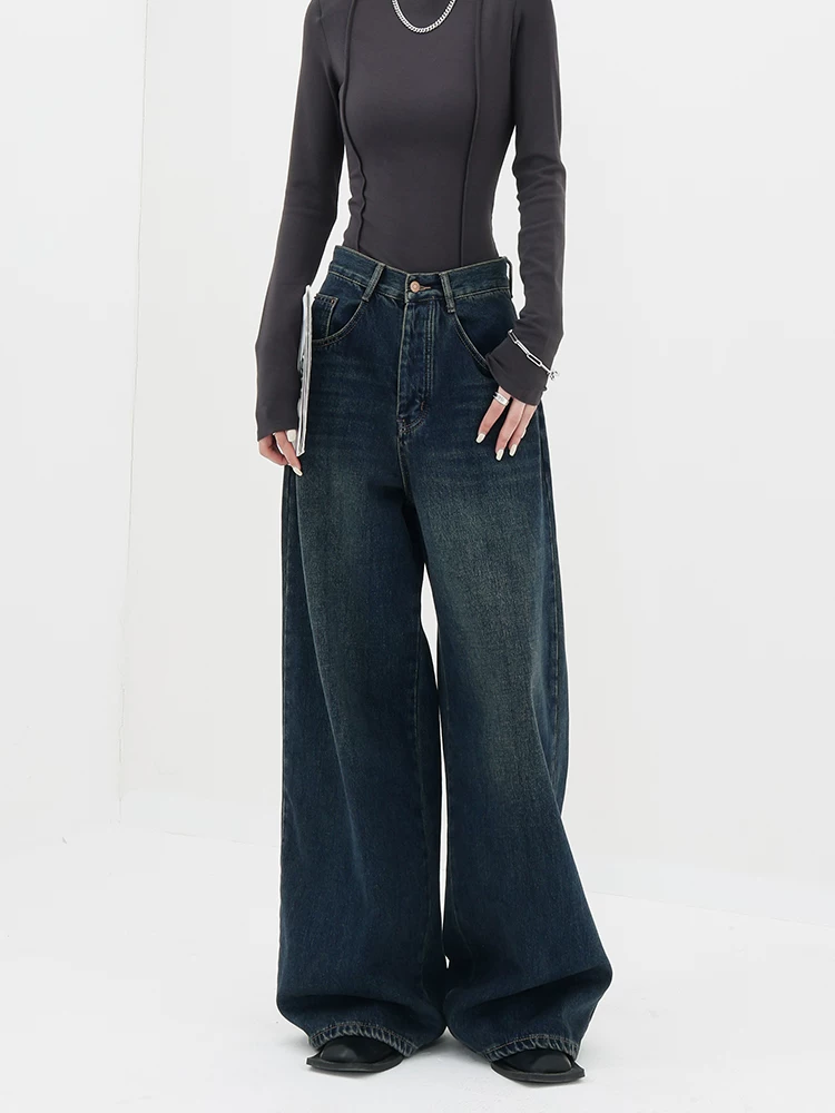 Quần jeans ống rộng dáng thẳng lót nhung tối màu phong cách retro thu đông ABWEAR dành cho nữ 2025, kiểu dáng mới, rộng rãi, dài chấm đất