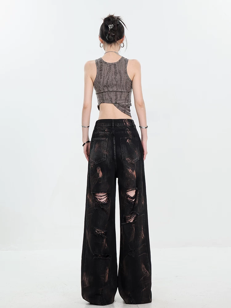 Quần jean rách kiểu cổ điển nặng bền, được xử lý làm cũ của ABWEAR dành cho nữ, quần ống rộng thẳng kiểu graffiti mùa hè mới