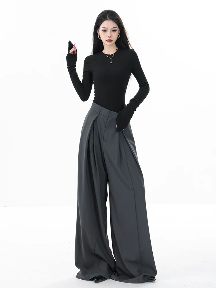 Quần âu nữ ABWEAR 2024 thu đông mới, màu xám, dáng rộng, suông, dài chấm đất, chất liệu mềm mại.