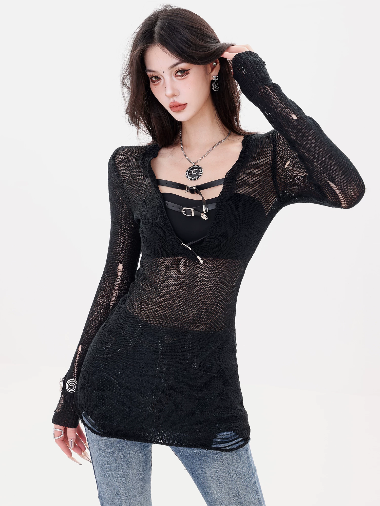 ABWLR Wave Aesthetic - Áo kiểu dáng hot girl độc đáo, cổ chữ V, chất liệu đan móc rỗng, ôm dáng, áo lót mặc ngoài dành cho nữ