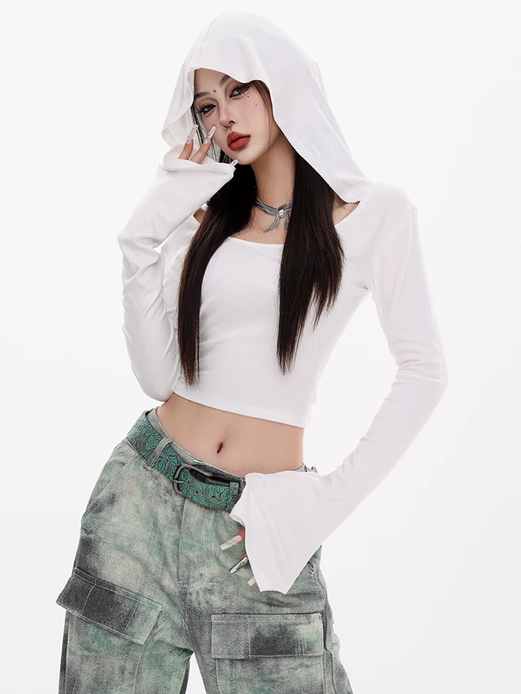ABWEAR Bard - Áo thun dài tay có mũ trùm đầu phong cách Hot Girl nguyên bản dành cho nữ, Phong cách mới đầu thu, Tay áo loe, Áo giảm béo