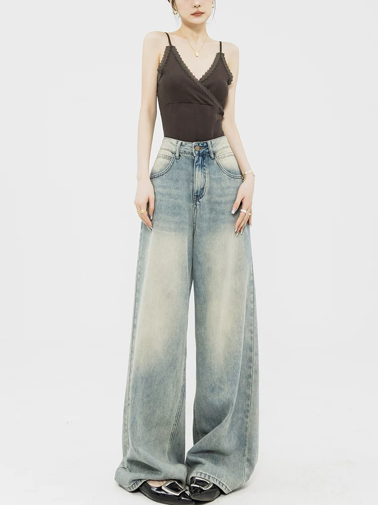 Quần jeans ống rộng kiểu retro mùa xuân thu mới 2025 của ABWEAR dành cho nữ, quần dài thẳng dáng rộng tôn dáng