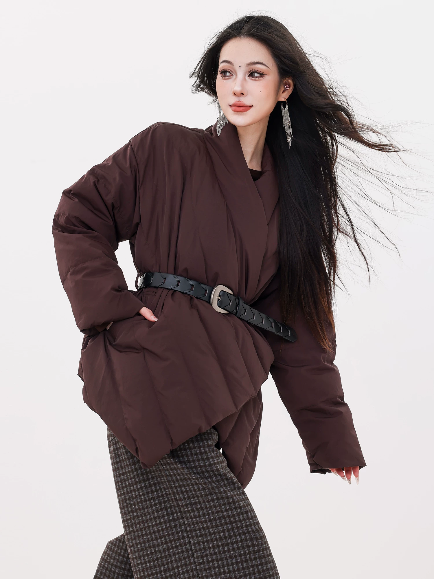 ABWLR Deep Winter Story - Áo khoác có dây buộc thiết kế nguyên bản dành cho nữ, phong cách mùa đông mới, ôm eo, giảm béo, áo khoác ấm áp