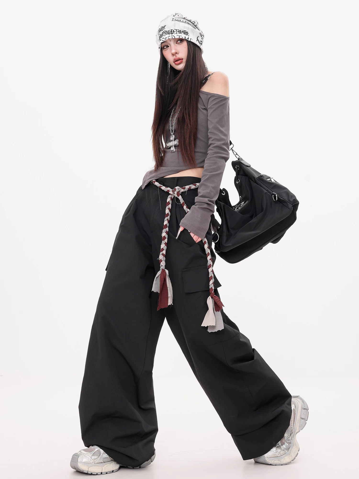 ABWEAR Ivy Love - Quần cargo đen nguyên bản dành cho nữ, dáng rộng, tôn dáng, đa năng, quần ống rộng dài đến sàn, phong cách giản dị