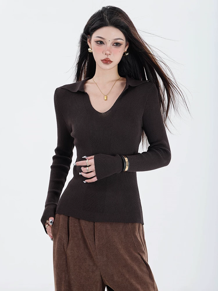 ABWEAR thích ứng với mùa thu đông nguyên bản áo len dệt kim cổ chữ V áo sơ mi dài tay ôm sát nữ