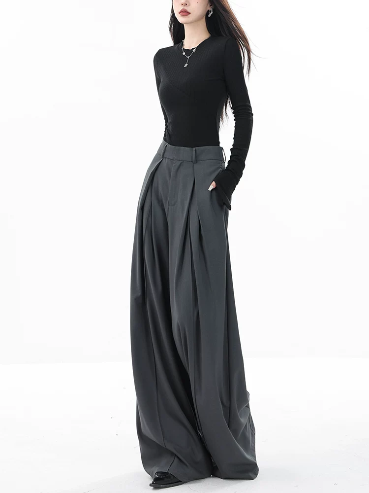 Quần âu nữ ABWEAR 2024 thu đông mới, màu xám, dáng rộng, suông, dài chấm đất, chất liệu mềm mại.