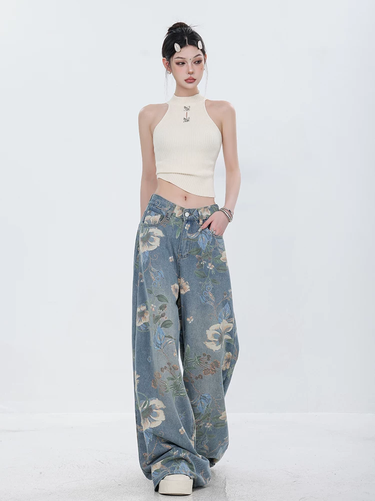 [Bee Happy Club] Quần jean ống rộng thiết kế in họa tiết cổ điển mới của ABWEAR đầu xuân năm 2025