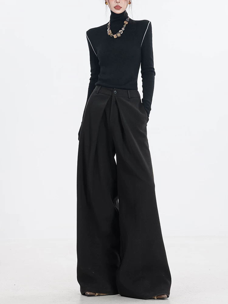 ABWEAR Urban Stroll - Quần ống rộng dày màu đen mùa thu đông Quần ống rộng dáng rộng xếp ly thiết kế quần âu