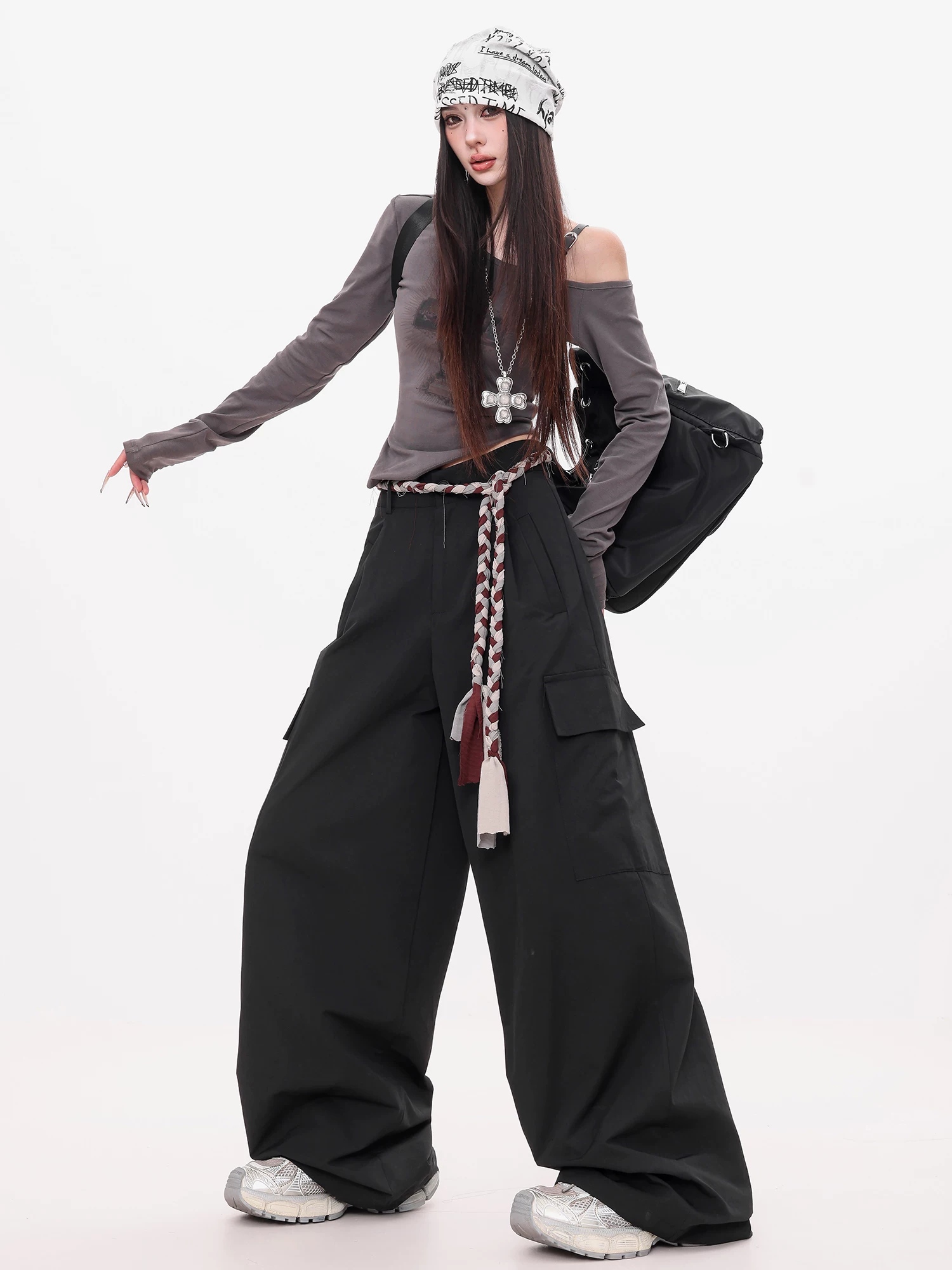 ABWEAR Ivy Love - Quần cargo đen nguyên bản dành cho nữ, dáng rộng, tôn dáng, đa năng, quần ống rộng dài đến sàn, phong cách giản dị