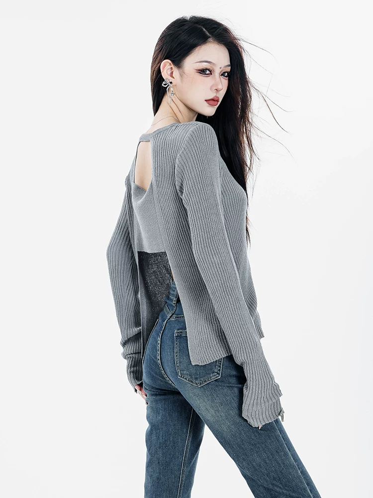 ABWEAR Đầu thu 2025 Áo len dệt kim màu xám mới dành cho nữ, Áo len cơ bản đa năng giúp giảm béo