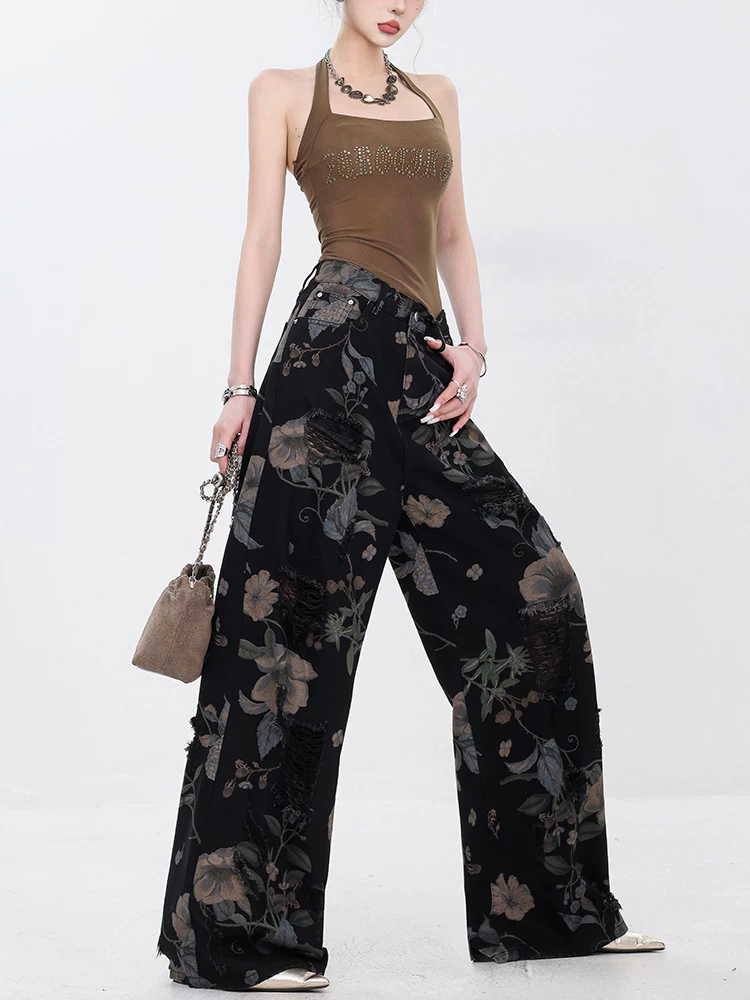 Quần jeans rách đen in họa tiết gốc ABWEAR dành cho nữ, kiểu dáng rộng thùng thình, dáng thẳng, ống rộng, mẫu mới 2024