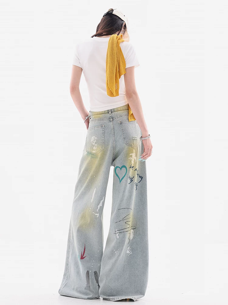 ABWEAR Orange C American Style - Quần jean ống rộng kiểu graffiti nguyên bản dành cho nữ Quần ống rộng cạp cao phong cách đường phố dài đến sàn